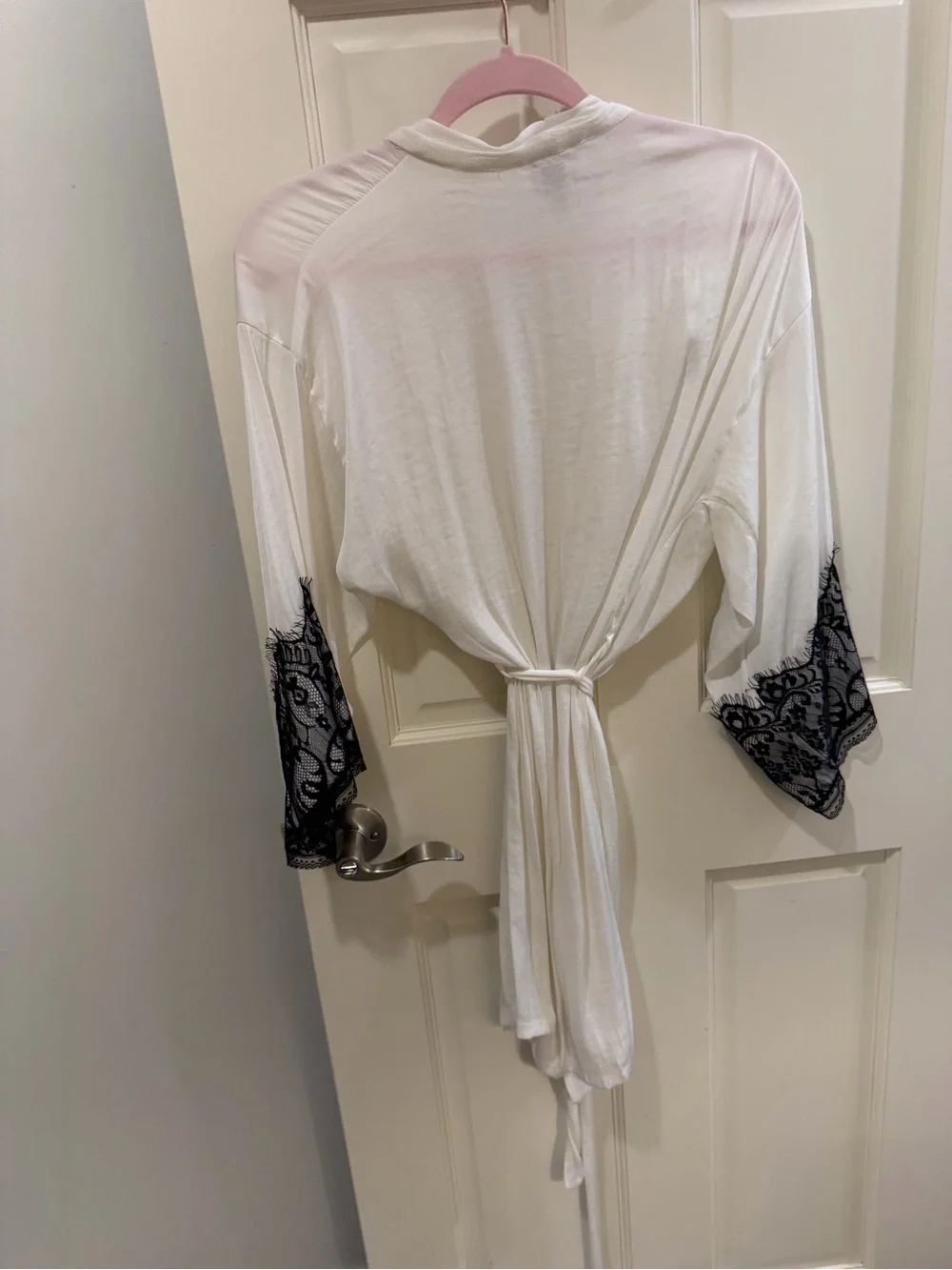 In Bloom White Kimono Robe with Black Lace Sleeves